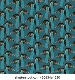 Emu ostrich head on dark turquoise, blue green background. Seamless vector pattern. Abstract surface design for fabric, wallpaper, wrapping paper, invitation card, scrapbooking.