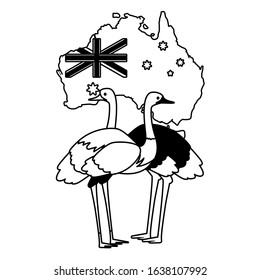 Emu and ostrich with map of Australia in the background. vector illustration design.