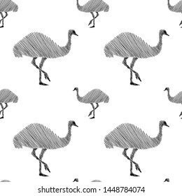 Emu Ostrich Silhouette Image Seamless Pattern. Figure Birds In The Form Of A Sketch.