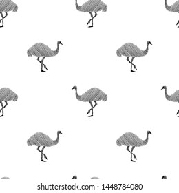 Emu Ostrich Silhouette Image Seamless Pattern. Figure Birds In The Form Of A Sketch On A White Background.