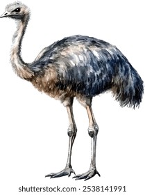 Ilustración de acuarela de avestruz Emu. Pájaro australiano nativo dibujado a mano en vista lateral. Animal australiano de la vida silvestre aislado en el fondo blanco