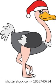 Emu with Santa hat colorful vector illustration