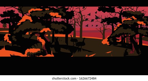 emu silhouettes escaping from forest fires in australia wildfire birds flying over bushfire burning trees natural disaster concept intense orange flames horizontal vector illustration