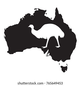 Emu white silhouette of an Australian animal on a black background silhouettes of a map of Australia