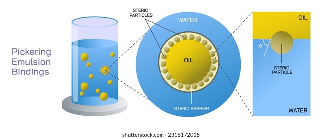 Emulsification vector illustration. dispersing liquid with immiscible components. Instability of emulsion. what is solution. types of mixtures, bioactive component and encapsulating material. process