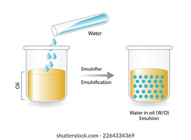 Emulsion, a mixture of two immiscible liquids (oil and water) in beakers, Emulsion oil in water, Immiscible liquids. Emulsification, emulsifier. isolated on white background. Vector illustration.