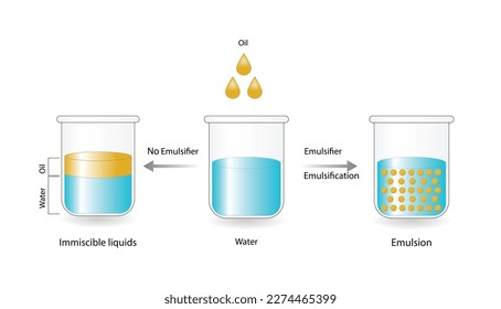 Emulsión, una mezcla de dos líquidos inmiscibles (petróleo y agua) en los vasos, aceite de emulsión en el agua, líquidos inmiscibles. Emulsificación, emulsionante. aislado de fondo blanco. Ilustración vectorial.