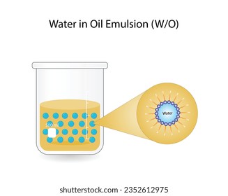 Emulsion, a mixture of two immiscible liquids (oil and water) in beakers, Emulsion water in oil, Immiscible liquids. Emulsification, emulsifier. isolated on white background. Vector illustration.