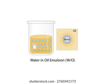 Emulsion, a mixture of two immiscible liquids (oil and water) in beakers, Emulsion water in oil, Immiscible liquids. Emulsification, emulsifier. isolated on white background. Vector illustration.