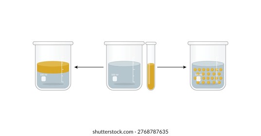 Emulsion, a mixture of two immiscible liquids (oil and water) in beakers, Emulsion oil in water, Immiscible liquids. Emulsification, emulsifier. isolated on white background. Vector illustration