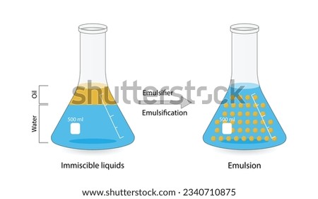 Emulsion, a mixture of two immiscible liquids (oil and water) in flasks, Emulsion oil in water, Immiscible liquids. Emulsification, emulsifier. isolated on white background. Vector illustration.