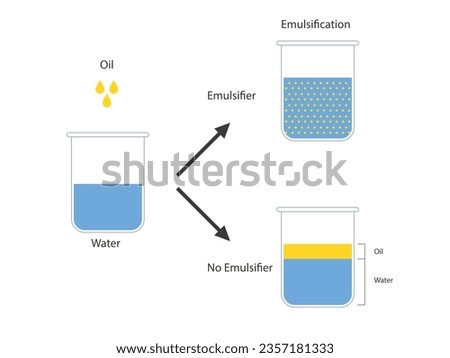 Emulsion, a mixture of two immiscible liquids in beakers, Emulsion oil in water, Immiscible liquids