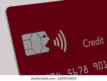 Un chip EMV parece estar hablando con el icono de comunicación de campo cercano que envía información fuera de su boca. Ilustra los pagos de golpecito y de NFC con tarjetas de crédito.
