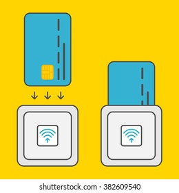 EMV chip card square contactless reader vector line illustration. Secure transaction emv chip card reader concept. Emv (chip) card wireless payment technology graphic design. EMV reader technology.