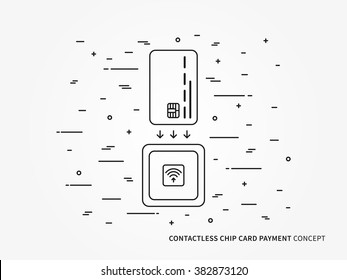 EMV chip card square contactless reader vector line illustration. Secure transaction emv chip card reader outline concept. Emv (chip) card wireless payment technology design. EMV reader technology.