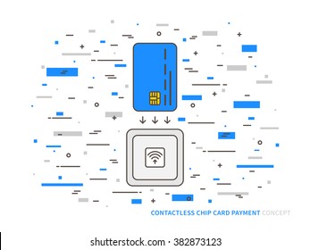 EMV chip card square contactless reader vector colorful illustration. Secure transaction emv chip card reader concept. Emv (chip) card wireless payment technology line design. EMV reader technology.