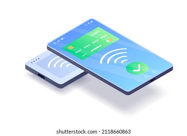 EMV Chip Credit Card Square Reader Concept. Device For Contactless Payment Using Smartphone And Online Wallet. Wireless NFS Technology For Cashless Purchases. Cartoon Isometric Vector Illustration