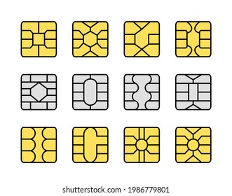 EMV chip. Credit and debit card elements. Vector flat icon set. Smart card yellow and grey microchips for terminals and atm. Contactless nfc secure payment technology. Isolated objects on white backgr