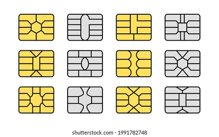 EMV chip. Credit and debit card elements. Vector flat icon set. Smart card golden and silver microchips for terminals and atm. Contactless nfc secure payment technology. Isolated objects 