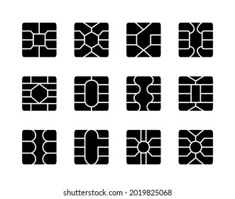 EMV chip. Credit and debit card elements. Vector flat icon set. Smart card square microchips for terminals and atm. Contactless nfc secure payment technology. Isolated objects on white background