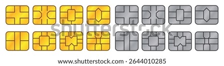 EMV chip. Credit and debit card elements. Vector flat icons set. Gold and silver smart card microchips for terminals and ATMs. Isolated objects