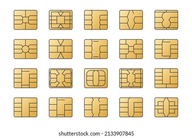 Iconos vectores de oro de chip EMV. Trazo editable. Establecer el símbolo nfc de línea. Pago sin contacto en terminales y cajeros automáticos. Microchips cuadrados para tarjetas de débito. Ilustración de acciones