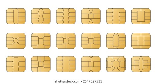 Ícones de vetor dourado do chip EMV. Pagamento sem contato em terminais e caixas automáticos. Defina o símbolo nfc da linha. Microchips de computador quadrados para cartões de crédito e débito. 