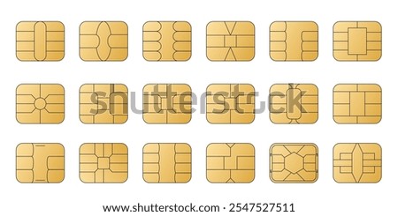EMV chip golden vector icons. Contactless payment at terminals and ATMs. Set line nfc symbol. Square computer microchips for credit debit cards. 