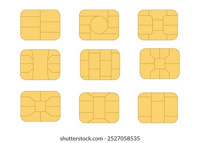 EMV chip icon set. Microchip for bank plastic credit or debit charge or sim card. Digital Nfc technology. Contactless payment at terminals and ATMs