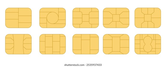 Conjunto de ícones do chip EMV. Microchip para cartão de crédito ou débito de plástico do banco ou cartão sim. Tecnologia Nfc Digital. Pagamento sem contato em terminais e caixas automáticos