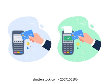 EMV chip payment method concept. Hand holding a smart credit or a debit card. POS terminal for money operations. Vector flat illustration.