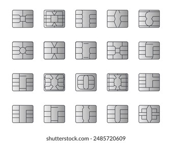 EMV chip silver vector icons. Editable stroke. Contactless payment at terminals and ATMs. Set line nfc symbol. Square computer microchips for credit debit cards. Stock illustration