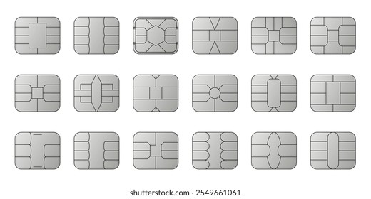 Ícones de vetor prata chip EMV. Pagamento sem contato em terminais e caixas automáticos. Defina o símbolo nfc da linha. Microchips de computador quadrados para cartões de crédito e débito. 