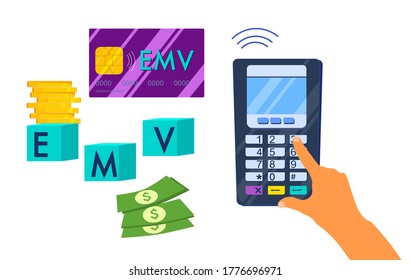 EMV Chip Smart Credit oder Debit Card.Contacless Zahlungsart. Handgeben Sie PIN-Code, mit POS-Terminal für Geldtransfer.Digitale Technologie, Schwimmmaschine. Vektorgrafik in Flachstil