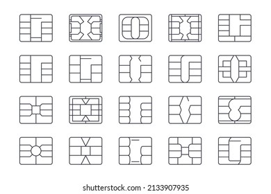 EMV chip vector icons. Set line nfc symbol. Editable stroke. Square computer microchips for credit debit cards. Contactless payment at terminals and ATMs. Stock illustration