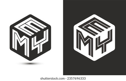 Diseño del logotipo de letras EMY con el logotipo del cubo ilustrador, logotipo vectorial estilo moderno de superposición de tipos de letra del alfabeto. Icono del logotipo de Premium Business. Color blanco sobre fondo negro