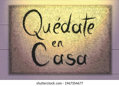 Quédate en casa. Campaña de prevención contra el covid-19. Leyenda en español. Cuarentena en América Latina. Otoño e Invierno 2021. Alfombra con textura en color marrón con letras negras.