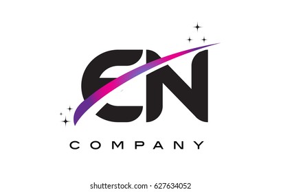 EN E N Black Letter Logo Design with Purple Magenta Swoosh and Stars.