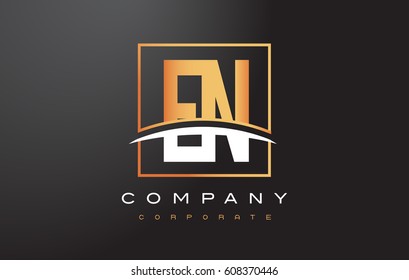 EN E N Golden Letter Logo Design with Swoosh and Rectangle Square Box Vector Design.