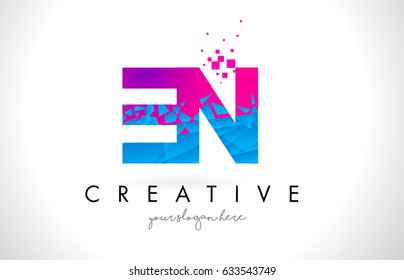 EN E N Letter Logo with Broken Shattered Blue Pink Triangles Texture Design Vector Illustration.