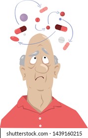 En elderly man confused by possible interaction between his medications, EPS 8 vector illustration