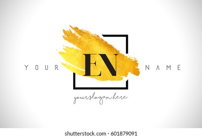 EN Golden Letter Logo Design with Creative Gold Brush Stroke and Black Frame.