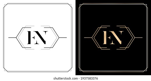 EN initial letter and graphic name, EN Monogram with hexagonal frames and border, for Wedding couple name, with two colors variation designs gold and monochrome with isolated black white backgrounds