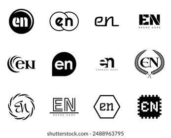 EN logo company template. Letter e and n logotype. Set different classic serif lettering and modern bold text with design elements. Initial font typography. Collection trendy business identity.