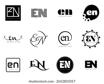 Modelo da empresa de logótipos EN. Letra e e n logótipo. Defina diferentes letras serifas clássicas e texto em negrito moderno com elementos de design. Tipografia inicial da fonte. Coleção de identidade de negócios na moda.
