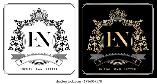 EN royal emblem with crown, set of black and white labels, initial letter and graphic name Frames Border of floral designs, EN Monogram, for insignia, initial letter frames, wedding couple name.