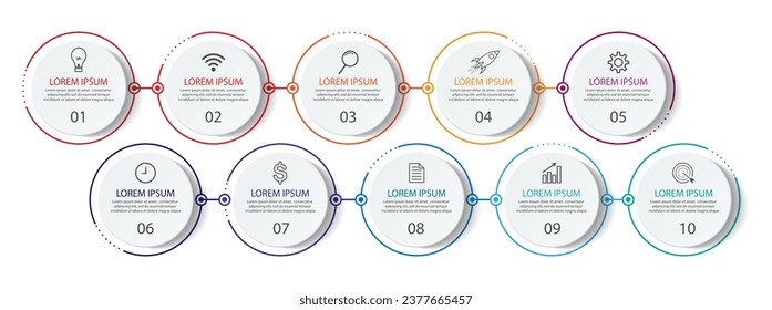 en step infographic, simple design, lines, colors, icons, 10 parts, suitable for your business presentation