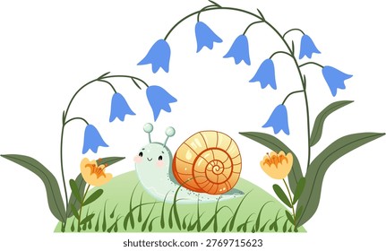 en this adorable vector illustration features a smiling snail with a shell under a canopy of blue bellflowers. perfect for nursery decor children books and greeting cards.