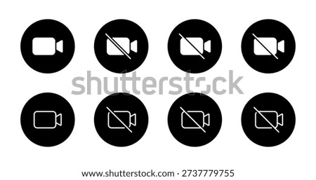 Enable and disable video camera icon in black circle. Webcam active and mute symbol. Online meeting control symbol