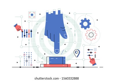 Enable option of manual controlling vector illustration. Enormous blue hand trying to touch big colorful button in room with mechanisms flat style design. IT maintenance concept